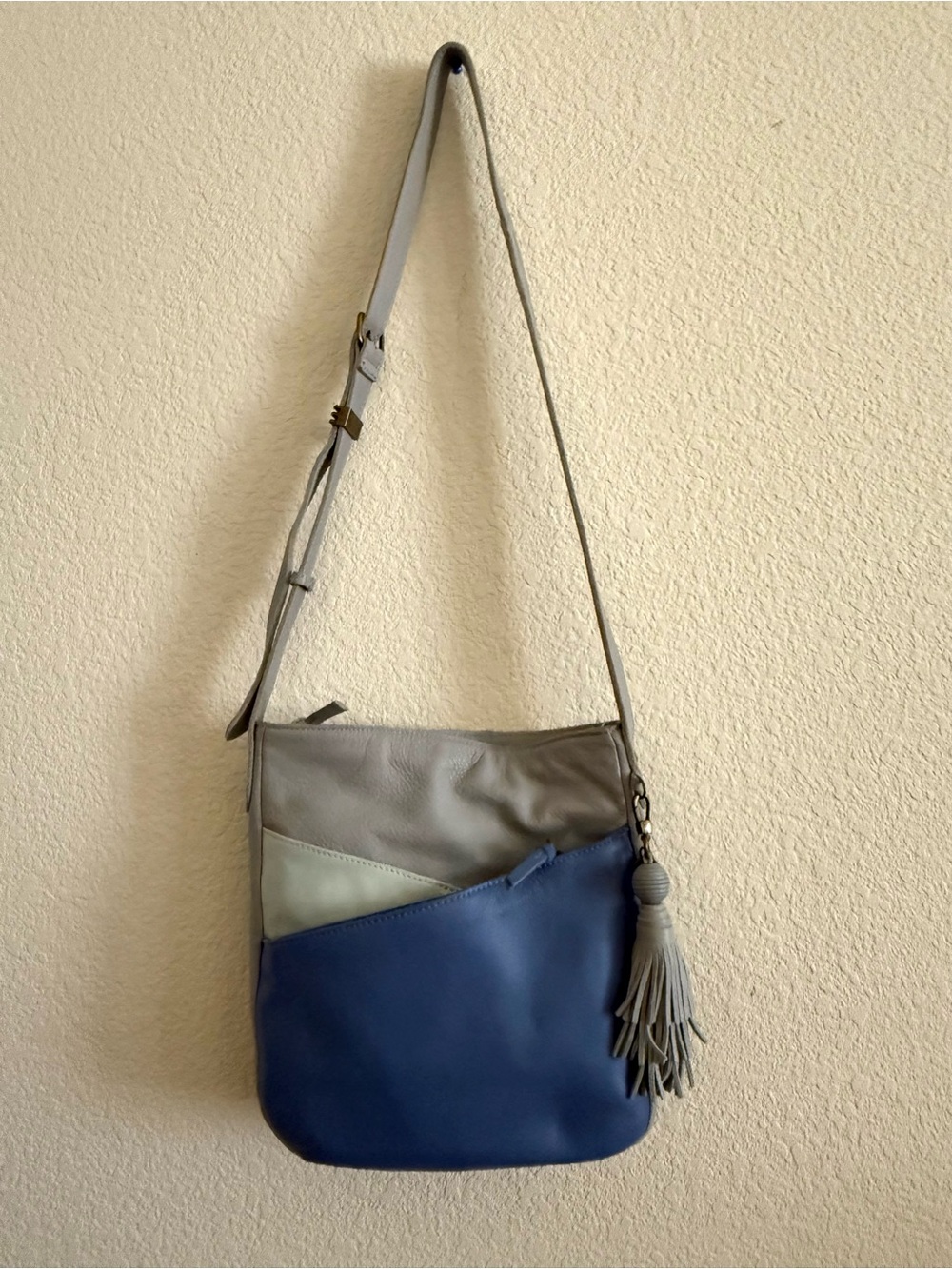 Gray and Navy Crossbody Tote Bag with Tassel